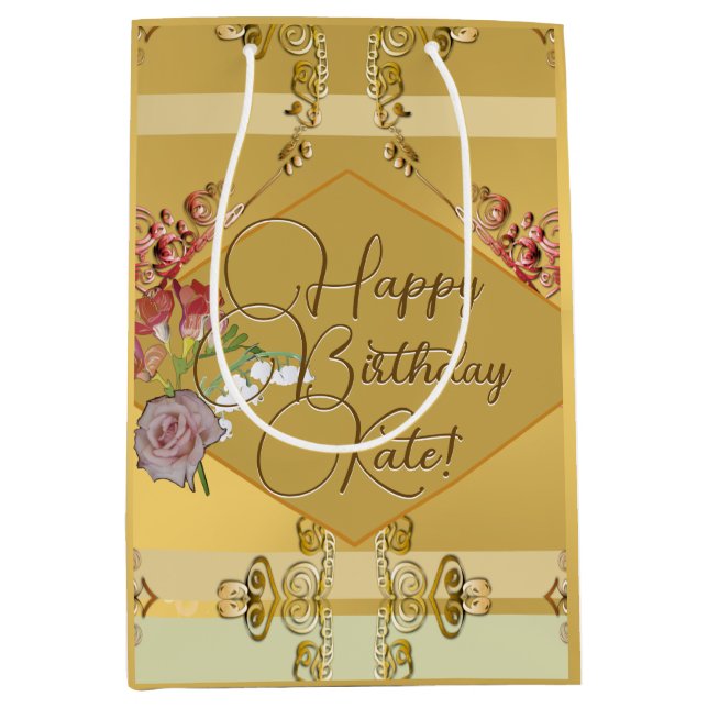 Sacola Para Presentes Média Ouro Floral Birthday Gift Bag (Frente)