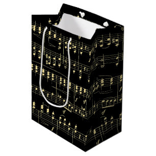 Sacola Para Presentes Média Ouro musical em preto