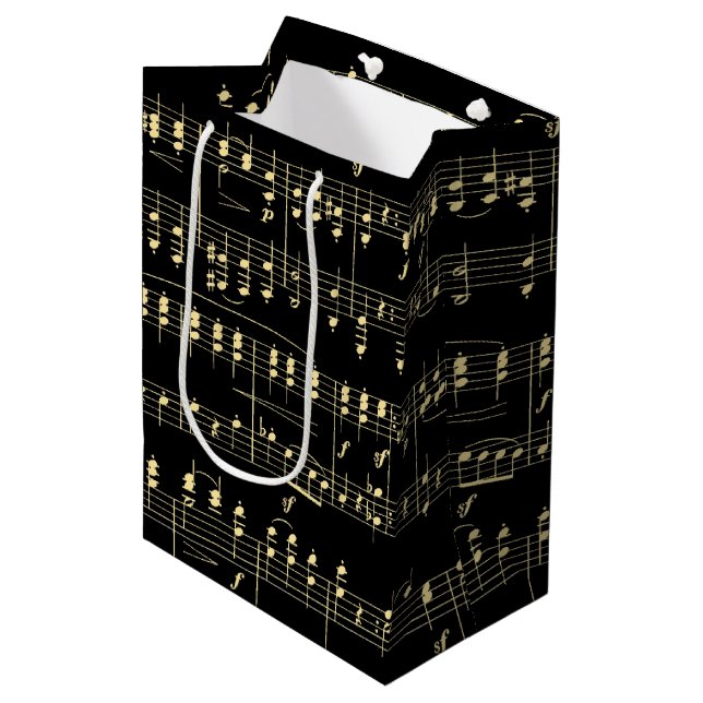 Sacola Para Presentes Média Ouro musical em preto (Frente inclinada)
