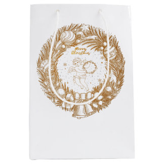 Sacola Para Presentes Média Ouro Natal Angel-Wreath-Feliz Natal