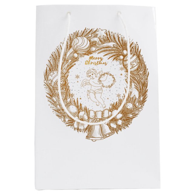 Sacola Para Presentes Média Ouro Natal Angel-Wreath-Feliz Natal (Frente)