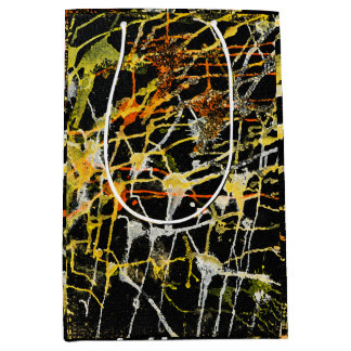 Sacola Para Presentes Média Ouro Preto e Salpico Abstrato Prateado