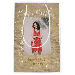 Sacola Para Presentes Média Ouro reluzente feliz 15 de aniversário nome ano