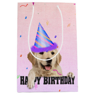 Sacola Para Presentes Média Ouro Retriever Birthday Confetti