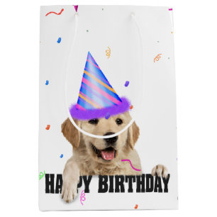 Sacola Para Presentes Média Ouro Retriever Birthday Confetti