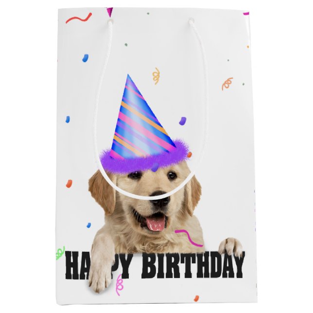 Sacola Para Presentes Média Ouro Retriever Birthday Confetti (Frente)
