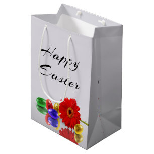 Sacola Para Presentes Média Ovos de felz pascoa coloridos com Gerbera