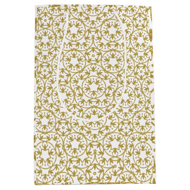 Sacola Para Presentes Média Padrão Amarelo das Estrelas de Natal Metálicas Dou (Frente)