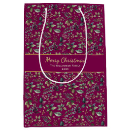Sacola Para Presentes Média Padrão Botânico Borgonha Natal Personalizado