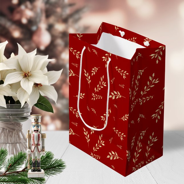 Sacola Para Presentes Média Padrão Botânico das Folhas Vermelhas e Ouro Elegan (Elegant Red and Gold Foil Botanical Pattern Medium Gift Bag)