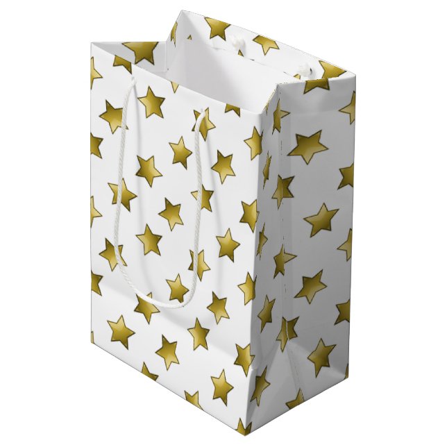 Sacola Para Presentes Média Padrão branco das estrelas douradas Elegantes (Frente inclinada)