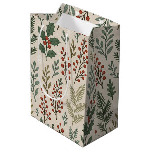 Sacola Para Presentes Média Padrão Clássico de Arte Floral Holly Berry