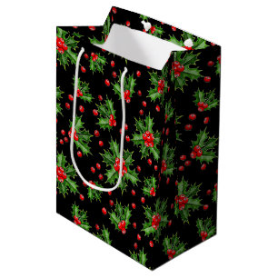 Sacola Para Presentes Média Padrão Clássico de Berries Vermelhos Holly Vermelh