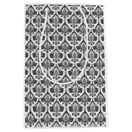 Sacola Para Presentes Média Padrão Clássico de Têxtil Damask Preto e Branco