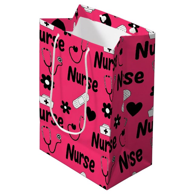 Sacola Para Presentes Média Padrão contínuo da vida de enfermeira cor-de-rosa  (Frente inclinada)