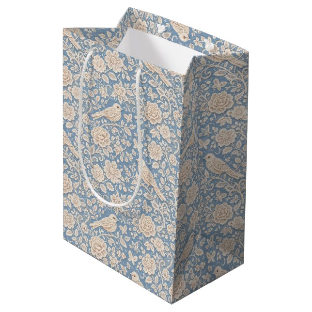 Sacola Para Presentes Média Padrão contínuo de pássaros e flores em estilo chi (Verso inclinado)