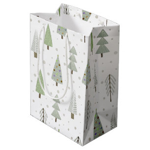 Sacola Para Presentes Média Padrão de Abstrato Verde de Árvores de Natal Moder