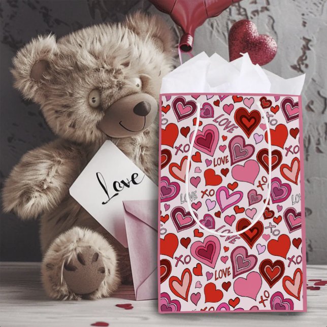 Sacola Para Presentes Média Padrão de Amor com Corações Rosados Vermelhos Fofo (Criador carregado)