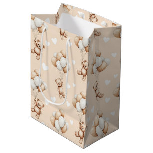 Sacola Para Presentes Média Padrão de Aquarela Neutra de Balão de Ursinho de P