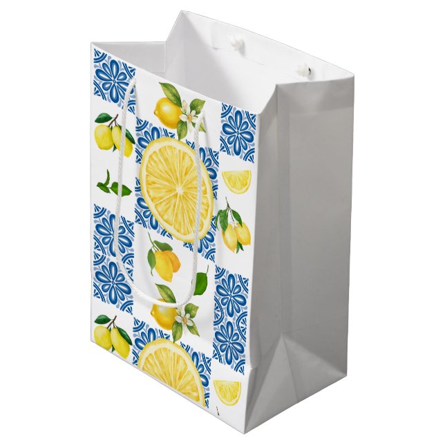 Sacola Para Presentes Média Padrão de Azulejo Provençal Mediterrâneo Limão (Frente inclinada)