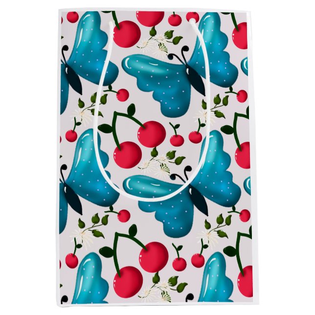 Sacola Para Presentes Média Padrão de Borboleta Cereja Fofa, Fruta Kawaii Bril (Frente)