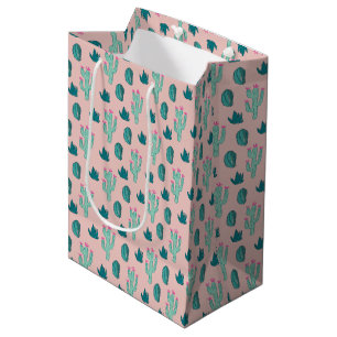 Sacola Para Presentes Média Padrão de Cactus Rosa e Verde
