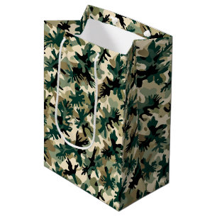 Sacola Para Presentes Média Padrão de Camuflagem Florestal Abstrato Verde e Be