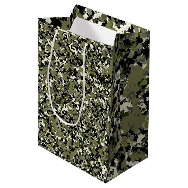 Sacola Para Presentes Média Padrão de Camuflagem Verde Preto Creme Festa (Frente inclinada)