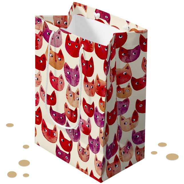 Sacola Para Presentes Média Padrão de Cat Colorida Divertida (Fun red, orange and purple colorful watercolor kitty cat pattern gift bag for animal lovers)