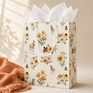 Sacola Para Presentes Média Padrão de cavalo e borboleta de flores silvestres