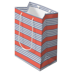 Sacola Para Presentes Média Padrão de cinco faixas de cinza azul com coral viv
