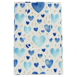 Sacola Para Presentes Média Padrão de Corações com Aquarela Azul e Brilho Dour