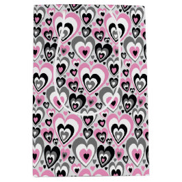 Sacola Para Presentes Média Padrão de Corações Preto Cinza Rosa. Saco de Prese