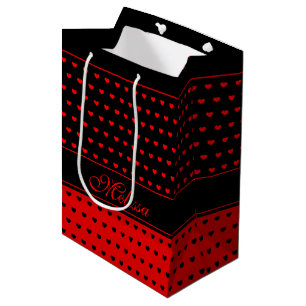 Sacola Para Presentes Média Padrão de Corações Vermelho e Negro, Nome Model