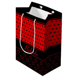 Sacola Para Presentes Média Padrão de Corações Vermelho e Negro, Nome Model