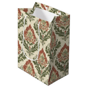 Sacola Para Presentes Média Padrão de Damasco Vermelho Verde Vintage (5)