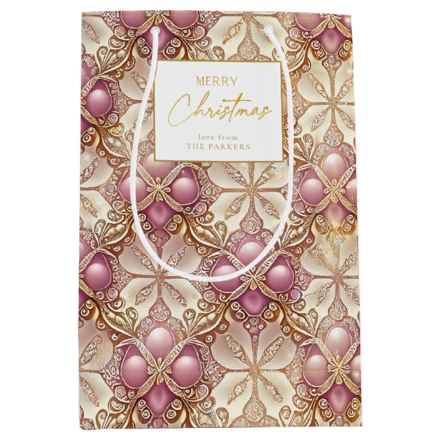 Sacola Para Presentes Média Padrão de Feliz de Natal Dourado rosa nº 4 ID1009 (Frente)