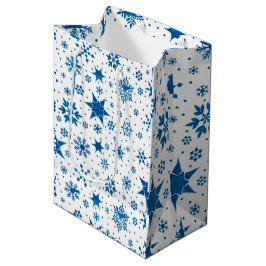 Sacola Para Presentes Média Padrão de Floco de Neve Azul