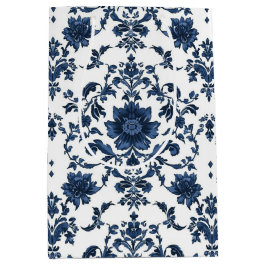 Sacola Para Presentes Média Padrão de Flor de Damasco Vitoriano Elegante Azul 