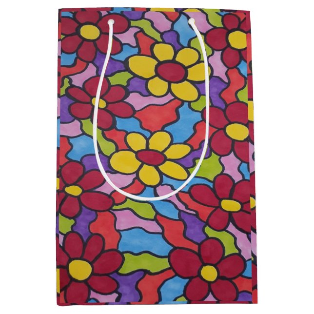 Sacola Para Presentes Média Padrão de Flor do Arco-Íris Retroativo (Frente)