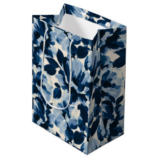Sacola Para Presentes Média padrão de flor pictórica azul e marinho