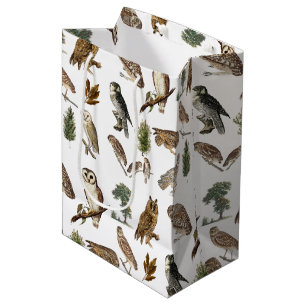 Sacola Para Presentes Média Padrão de Floresta de Aquarela de Vintage Owl