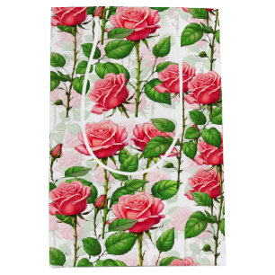 Sacola Para Presentes Média Padrão de Folhagem Floral do Flor rosa