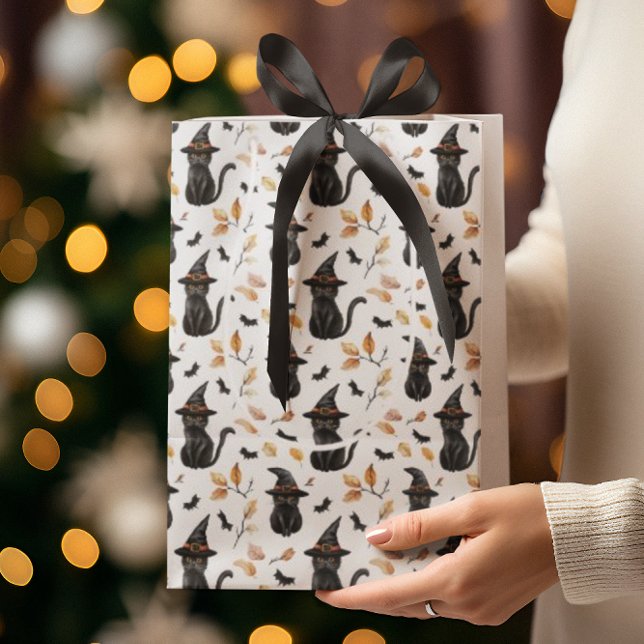 Sacola Para Presentes Média Padrão de Gato Preto do Halloween - Gato Bruxo (Criador carregado)