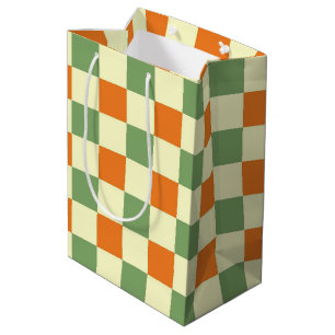 Sacola Para Presentes Média Padrão de Gingham - Laranja Verde Marrom