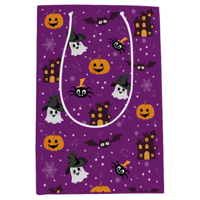 Sacola Para Presentes Média Padrão de Halloween roxo  (Frente)