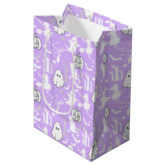 Sacola Para Presentes Média Padrão de Halloween. Spooky e fofo.b L Purple BG (Frente inclinada)