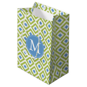 Sacola Para Presentes Média Padrão de Ikat Azul Verde Monograma