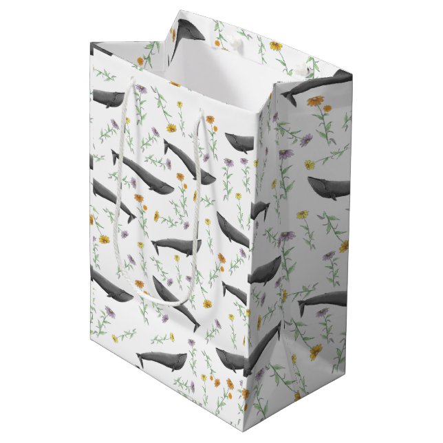 Sacola Para Presentes Média Padrão de Ilustração de Primavera de Baleia Azul F (Frente inclinada)