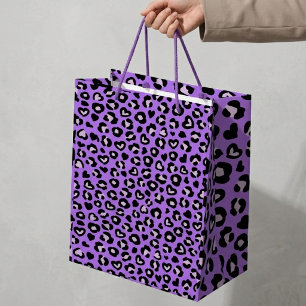 Sacola Para Presentes Média Padrão de Impressão de Coração Roxo de Leopardo de